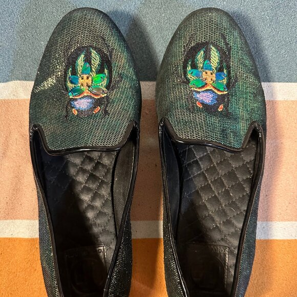 Tory Burch Cailyn Holographic Green Beetle Smoking Slipper Loafers Metallic - 8M - Picture 1 of 6